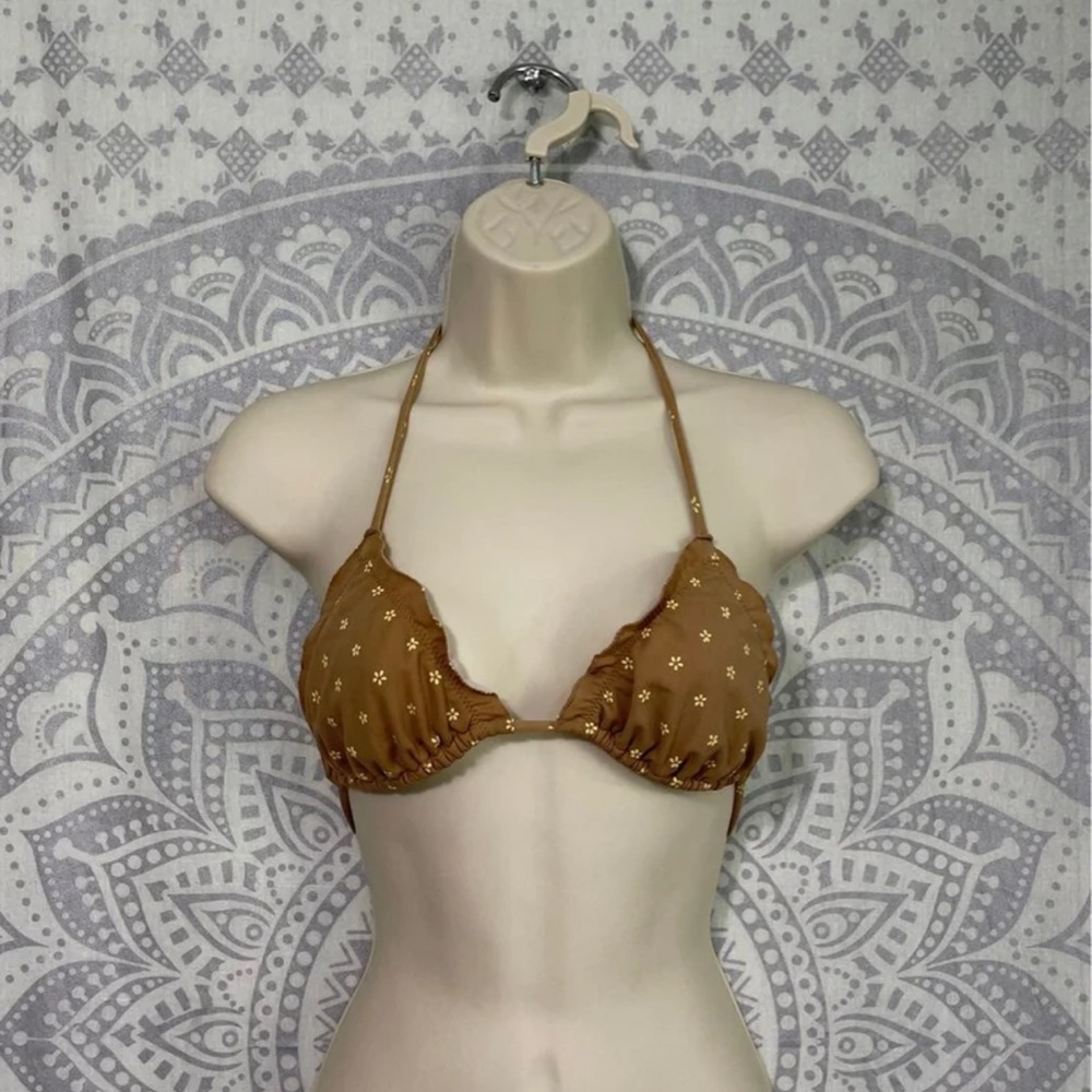 New $92 Maya Signature Swimwear Ruffle Bikini Tie Top Brown Yellow M Medium